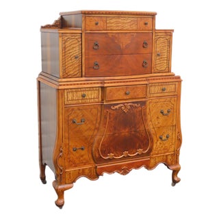 Early 1900s Depression Era Carved Inlay Tall Chest of Drawers 6639 For Sale