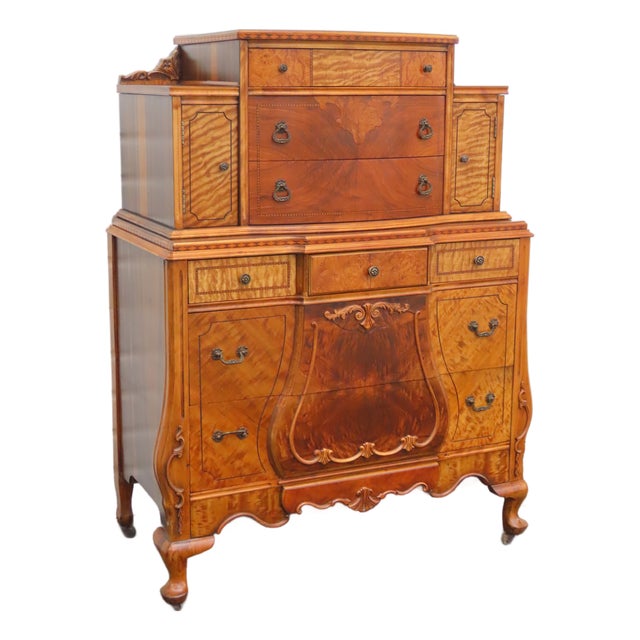 Early 1900s Depression Era Carved Inlay Tall Chest of Drawers 6639 For Sale