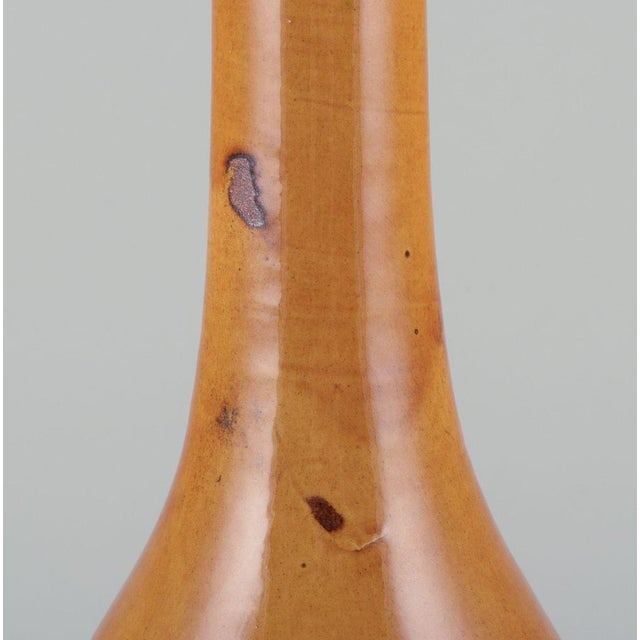 Floor Vase in Ceramic with Narrow Neck in Ochre Yellow Glaze, Biot, France, 1960s For Sale - Image 3 of 8