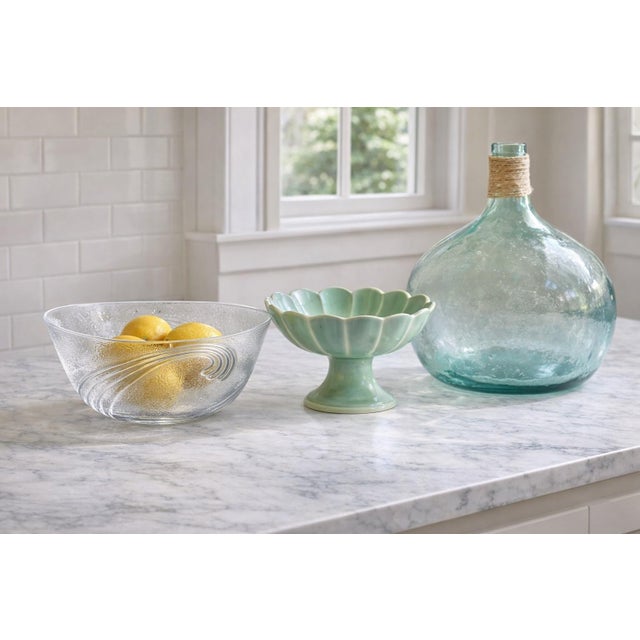 Celadon Large Art Deco Style Frosted Art Glass Sculptural Bowl With Applied Arc Motif For Sale - Image 8 of 8