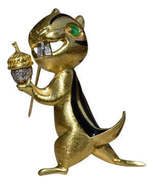 The Ardilla: Estate 18K Yellow Gold Squirrel Brooch set with Emerald and Diamonds