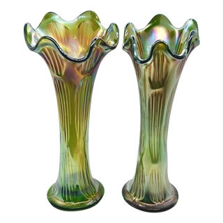 Green Iridescent Glass Swung Vases, England, 1960s, Set of 2 For Sale