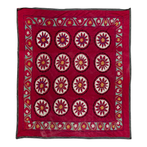 6.9x6.9 Ft Silk Embroidery Bed Cover, Suzani Wall Hanging, Vintage Tablecloth