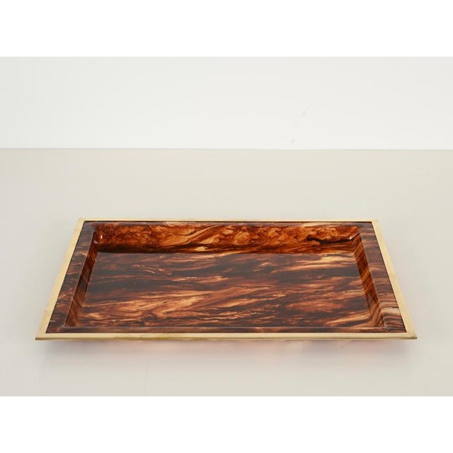 Metal Rectangular Tortoiseshell Effect Acrylic Glass and Brass Serving Tray from Dior, Italy, 1970s For Sale - Image 7 of 13