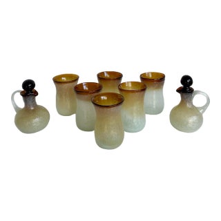 1970s Murano-Style Hand-Blown Frosted Art Glass Barware Set - 8 Pieces For Sale