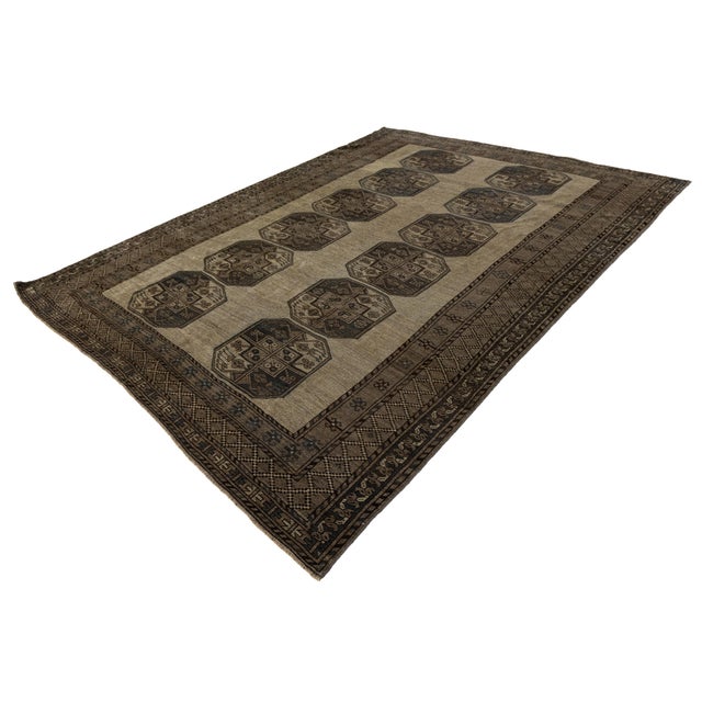 Tribal Antique Turkaman Wool Rug With Geometric Gull Medallions in Muted Taupe & Espresso For Sale - Image 3 of 9