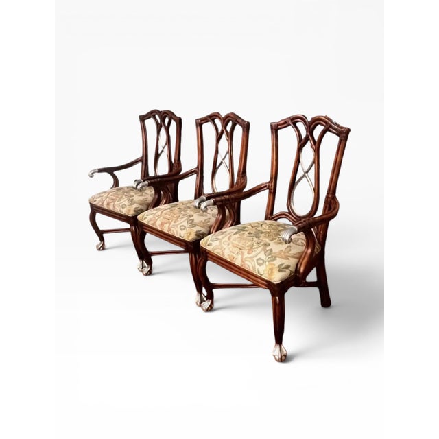 Century Furniture 1990s Reupholstered Century Furniture Bamboo & Rattan Ball in Claw Arms Chairs - Set of 3 For Sale - Image 4 of 12