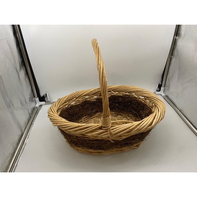 Vintage Oval Natural Wicker Gathering Basket With Handle, Moss Decoration For Sale - Image 10 of 15