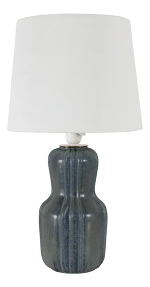 Art Deco Danish Fluted Stoneware Table Lamp in Speckled Blue Glaze with Touch of Green by Arne Bang, 1940s