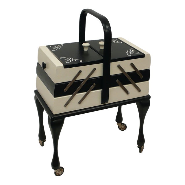 Chippendale Style Sewing Box in Black and White, 1940s For Sale