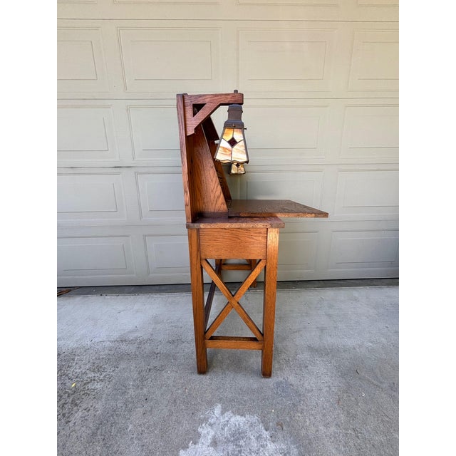 1920s Mission Oak Art & Crafts Drop Leaf Desk Secretary With Pair Stained Glass Lamps For Sale - Image 5 of 14