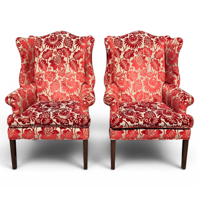 English Pair of Late 20th Century Custom Upholstered Wingback Armchairs in Red and Ivory Floral Cut Velvet For Sale - Image 3 of 14