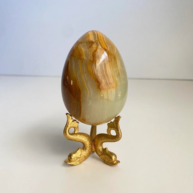 Vintage Petite Banded Onyx Agate Egg Brass Dolphin Stand For Sale - Image 10 of 11