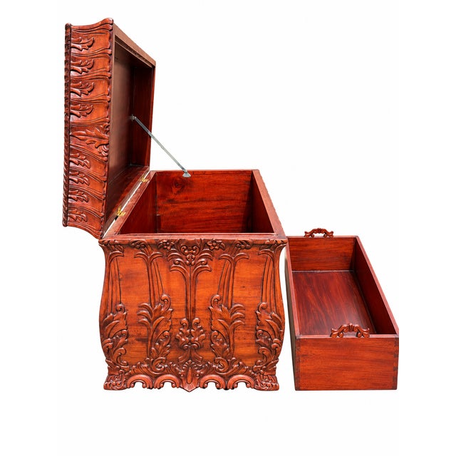 “Early 20th Century Indonesian Hand-Carved Floral Dowry Chest With Removable Interior Tray” For Sale - Image 4 of 4
