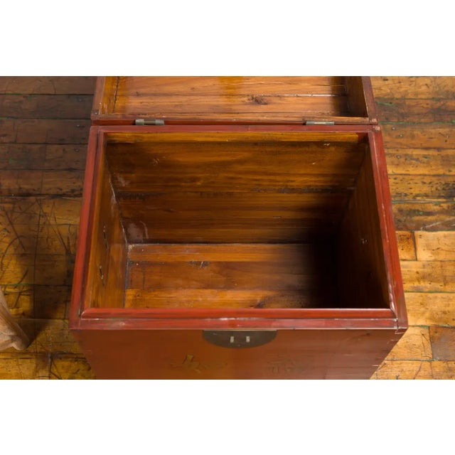 19th Century Chinese Qing Dynasty Red Lacquer Treasure Chest with Gilded Calligraphy For Sale - Image 11 of 13
