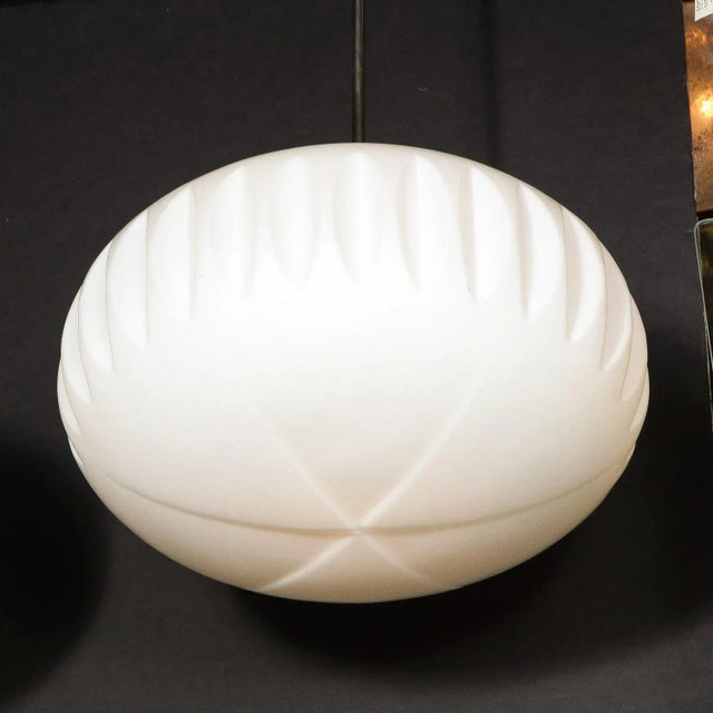 White Pair of Mid-Century Modern Chandeliers in Frosted Glass, Black Enamel & Chrome For Sale - Image 8 of 12