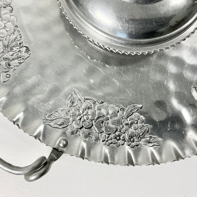 1950s 1950s Vintage Boho Chic Arts & Crafts Hand Wrought Etched Aluminum Round Serving Tray For Sale - Image 5 of 12