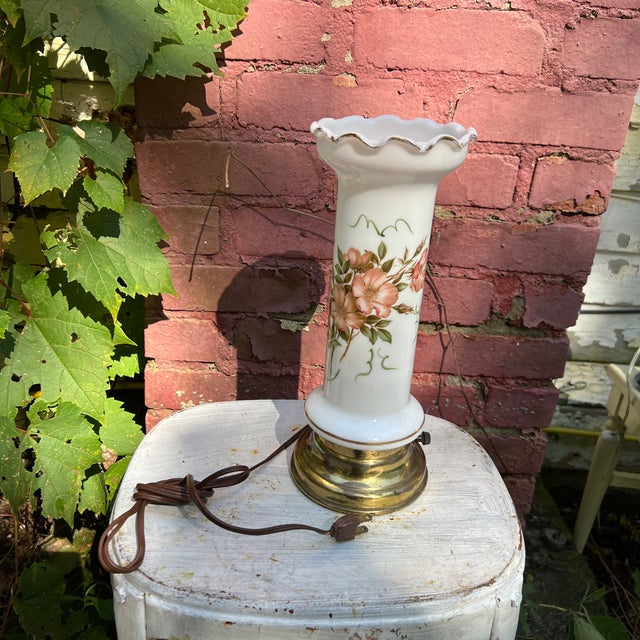 Vintage Floral Glass Table Lamp With Brass Base For Sale - Image 6 of 8