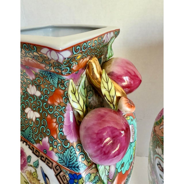 1970s Pair of Chinese Porcelain Hand-Painted Famille Rose Vases With Plum Fruit Handles For Sale - Image 5 of 12