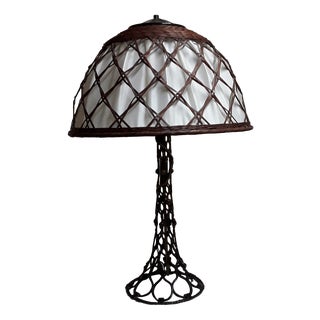 Large Vintage Table Lamp with a Metal Foot in a Braided Look and a Fabric -Related Pipe Mesh Screen, 1980s For Sale