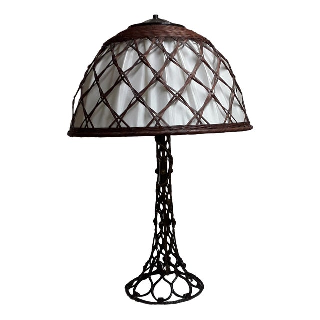 Large Vintage Table Lamp with a Metal Foot in a Braided Look and a Fabric -Related Pipe Mesh Screen, 1980s For Sale