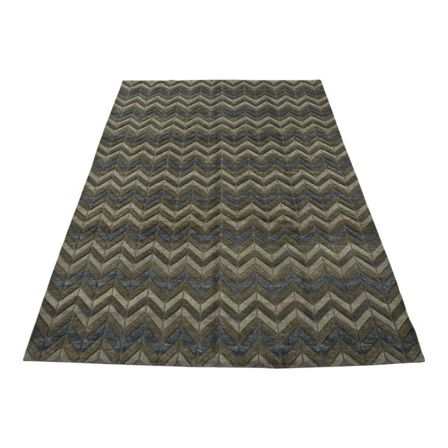 Chevron Rug 8' X 10'2'' Gray Blue Wool Contemporary Hand-Knotted Carpet For Sale