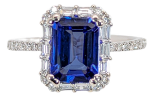1.6Ct Tanzanite Diamond Halo Ring: Solid 14k Gold, Emerald Cut 8x6mm, Size 6.75