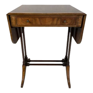 1920s English Regency Style Mahogany Drop Leaf Accent Table With Banded Inlay