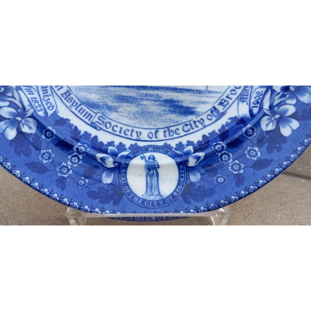1900s Blue Transferware Plate American Scene on Staffordshire ~ Brooklyn Orphan Asylum Society For Sale - Image 9 of 18