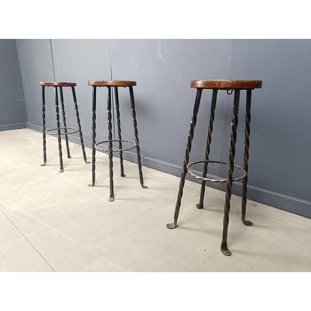 Wood Vintage French Wrought Iron Bar Stools, 1960s, Set of 3 For Sale - Image 7 of 13