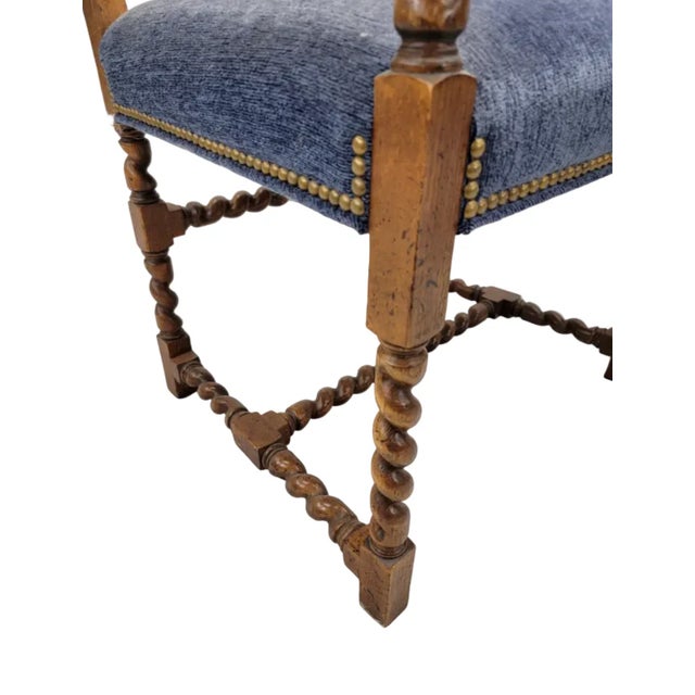Blue Vintage English Oak Barley Twist Dining Chairs by Baker Furniture - Set of 6 For Sale - Image 8 of 8