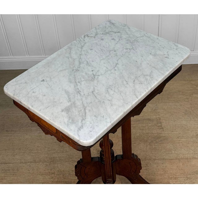 Brown Antique Eastlake Victorian Walnut Marble Top Rectangle Parlor Table For Sale - Image 8 of 16