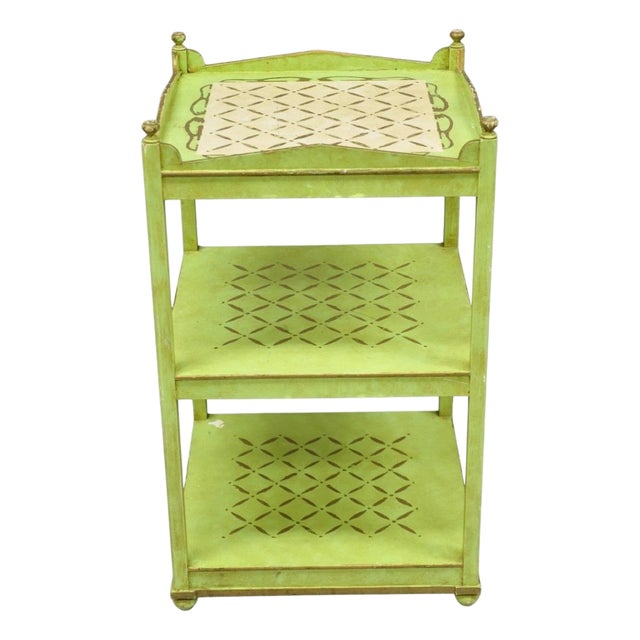 Vintage Italian Venetian Green Distress Painted 3 Tier French Country Side Table For Sale