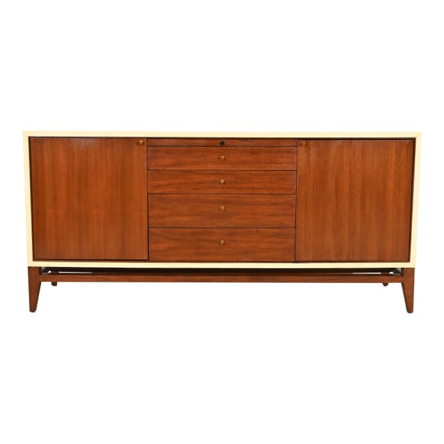 Barbara Barry for Henredon Modern Walnut and Cream Lacquered Sideboard Credenza or Bar Cabinet For Sale