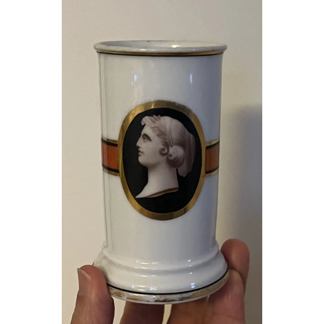 Victorian Antique 19th Century Old Paris Porcelain Cylinder Mantel Vase With Neoclassical Portrait Cameo For Sale - Image 3 of 12