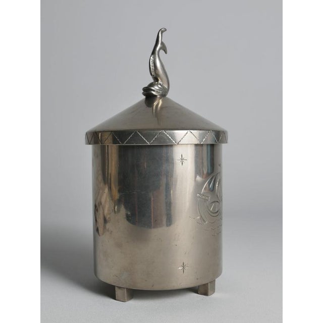 Gold Swedish Pewter Lidded Jar with Sculptural Fish Finial and Ship Engraving, 1928 For Sale - Image 8 of 18