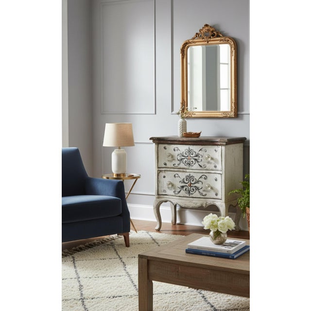 Vintage French Provincial Style Distressed Hand-Painted Two-Drawer Bombe Commode For Sale In West Palm - Image 6 of 7