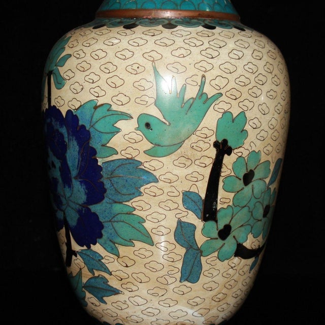 Pair of Chinese Cloisonné Enamel Vases With Floral & Bird Motif For Sale - Image 9 of 9