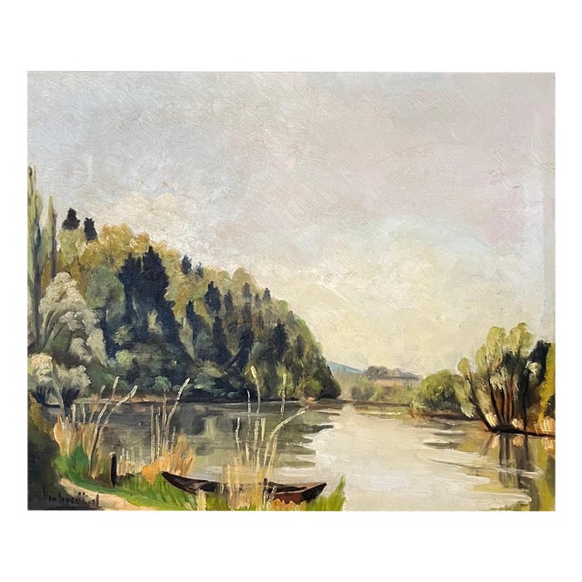 Adolphe de Siebenthal, Lake and Canoe, Oil on Canvas For Sale