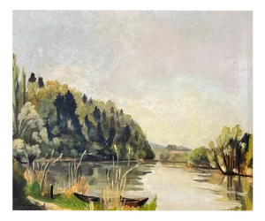 Adolphe de Siebenthal, Lake and Canoe, Oil on Canvas