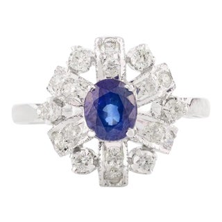 14k White Gold Floral Halo Diamond Blue Sapphire Princess Ring Size 7 For Sale