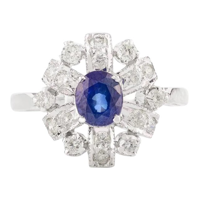 14k White Gold Floral Halo Diamond Blue Sapphire Princess Ring Size 7 For Sale