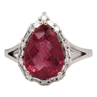 Pink Tourmaline Ring With Natural Diamond Halo: Solid 14k Gold, Pear Cut 11x8mm, Size 6.75 For Sale
