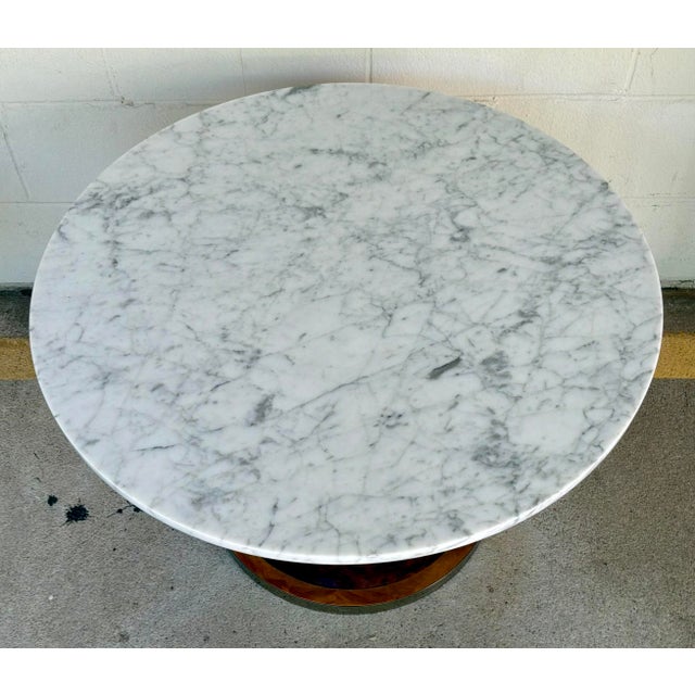 Original retail $3541, stylish Jonathan Charles Modern Carrara Marble and Wood Rook Round Cocktail Table, stainless steel...