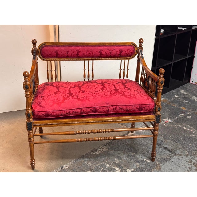 Antique Victorian Red Damask Upholstered Settee For Sale - Image 4 of 12
