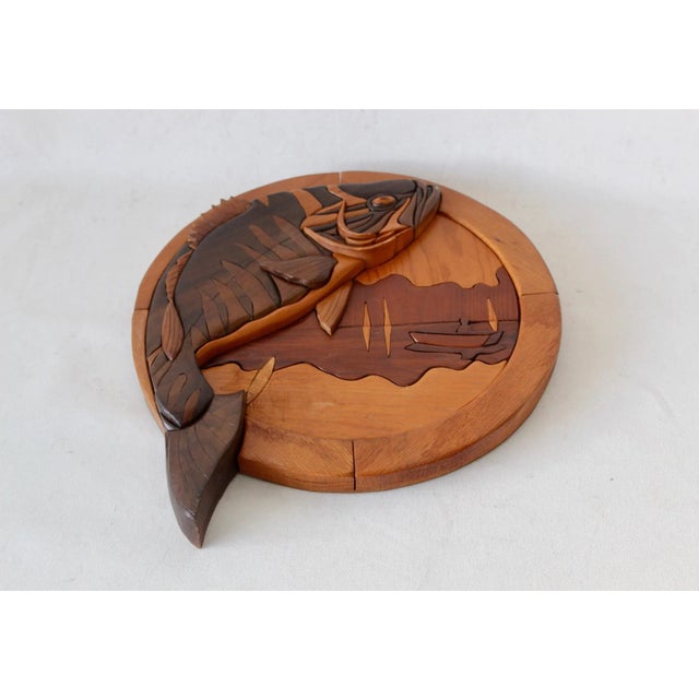 1980s Vintage Intarsia Wood Fish and Lake Scene Wall Art For Sale - Image 5 of 9