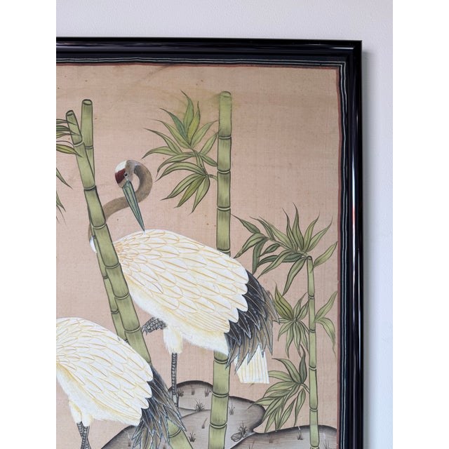 Green Vintage Japanese Red-Crowned Cranes in Bamboo Garden Tropical Landscape Art Painted Silk Scroll For Sale - Image 8 of 12