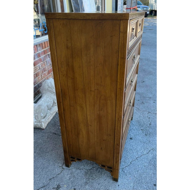 Good quality five drawer mid-century chest of drawers by Dixie, part of the Shangri La line. Features unique brass plated...