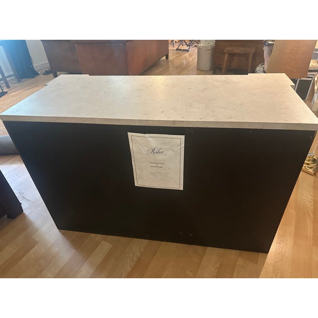 Pair of Baker Furniture Neoclassical Mahogany Chests With Original Stone Tops & Brass-Tone Hardware For Sale - Image 9 of 14