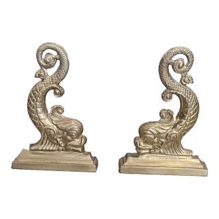 Pair of Virginia Metalcrafters Brass Dolphin Andirons Rare For Sale